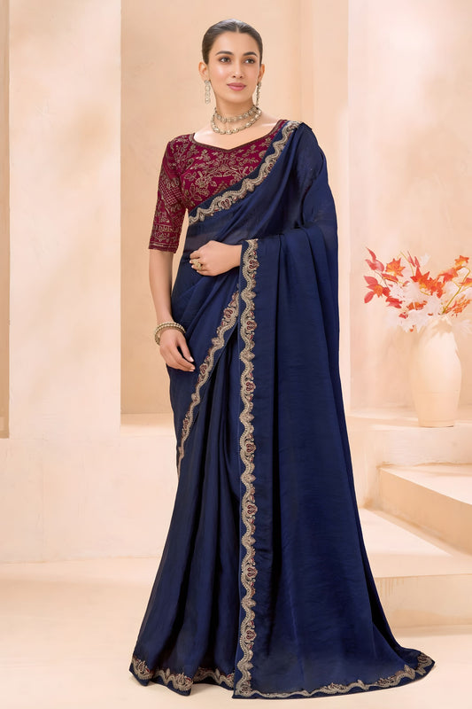 Navy Blue Silk Saree Designer Embroidered Border Party Wear Saree