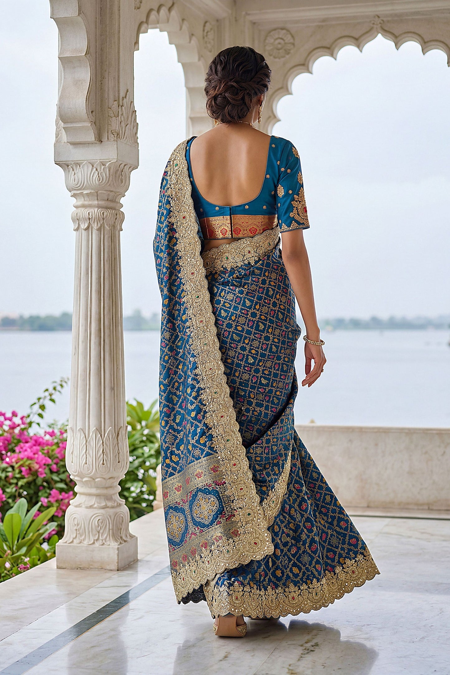 Navy Blue Banarasi Silk Saree Heavy Zari Embroidery Rich Designer Border