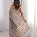 Elegant Grey Linen Designer Saree with Mirror Work Border
