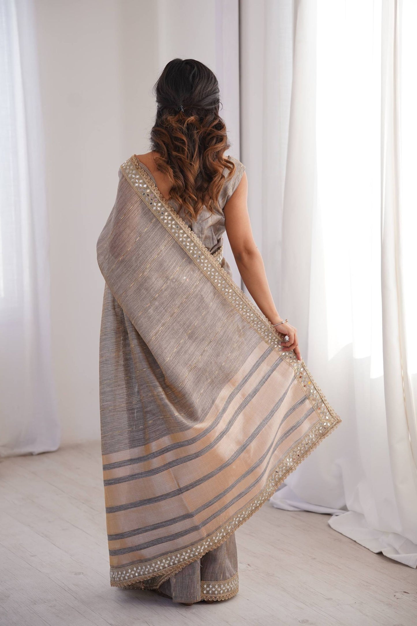 Elegant Grey Linen Designer Saree with Mirror Work Border