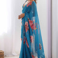 Teal Blue Floral Georgette Saree with Designer Border