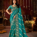 Teal Green Silk Saree with Heavy Gold Zari Embroidery Designer Blouse