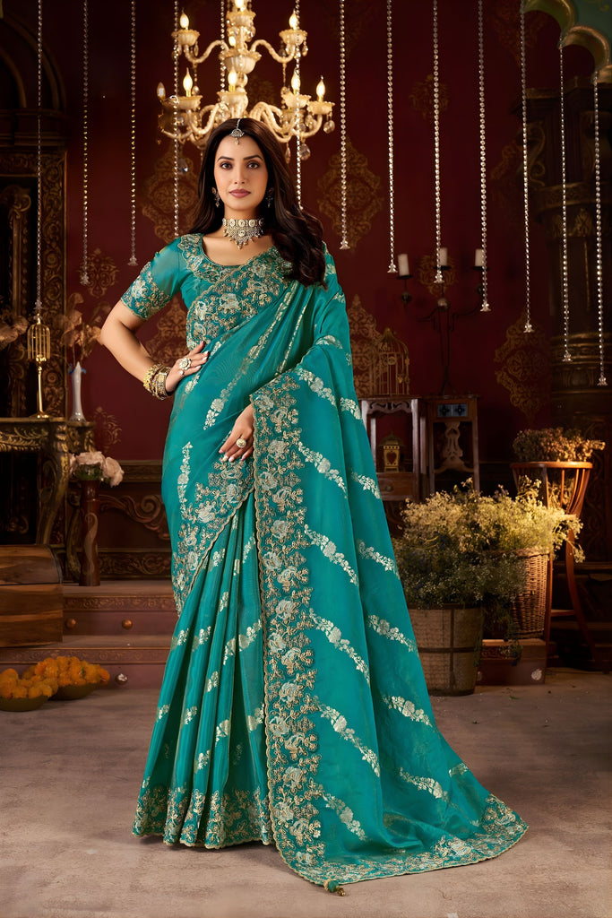 Teal Green Silk Saree with Heavy Gold Zari Embroidery Designer Blouse