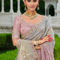 Premium Pink Grey Embroidered Silk Saree Festive Wear