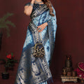Sky Blue Navy Blue Tie-Dye Silk Saree with Silver Woven Border