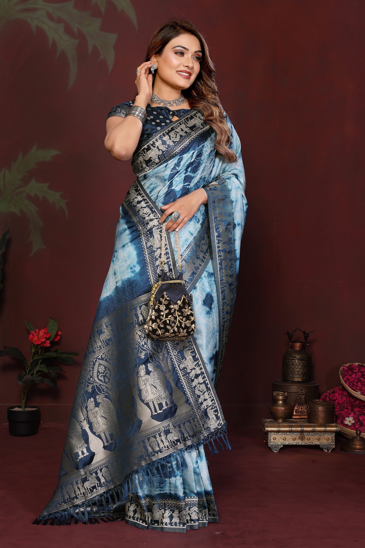 Sky Blue Navy Blue Tie-Dye Silk Saree with Silver Woven Border