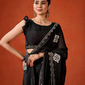 Black Embroidered Georgette Saree Floral Motifs Designer Border