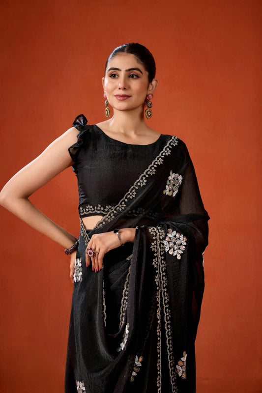 Black Embroidered Georgette Saree Floral Motifs Designer Border