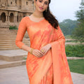 Peach Orange Banarasi Silk Saree Gold Floral Zari Weaving Traditional Wear