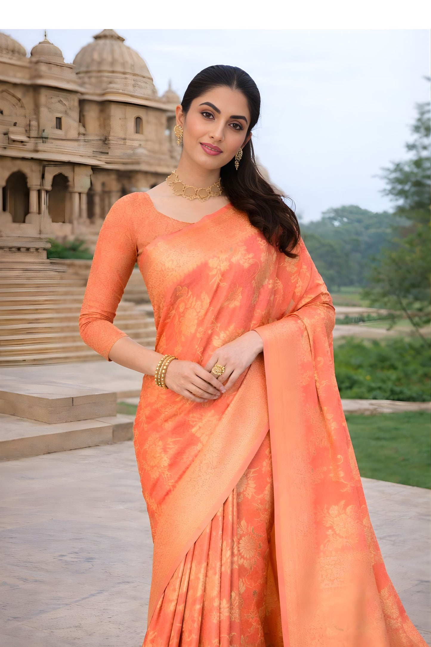 Peach Orange Banarasi Silk Saree Gold Floral Zari Weaving Traditional Wear