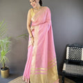 Pink Linen Silk Saree with Golden Zari Border Tassel Pallu 