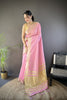Pink Linen Silk Saree with Golden Zari Border Tassel Pallu 