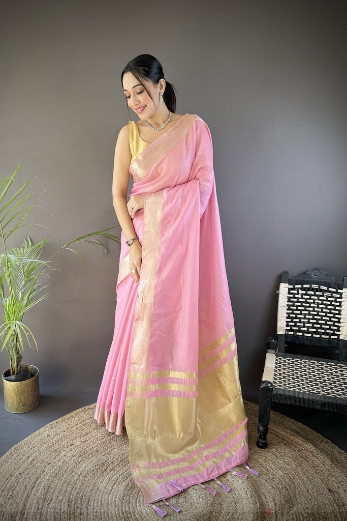 Pink Linen Silk Saree with Golden Zari Border Tassel Pallu 