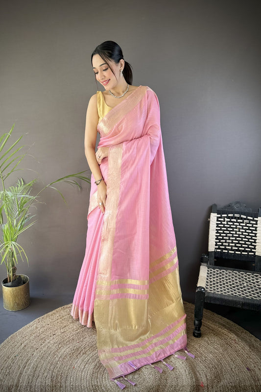 Pink Linen Silk Saree with Golden Zari Border Tassel Pallu 