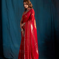 Red Satin Silk Saree with Gold Zari Border Designer Party Wear