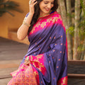 Royal Purple Silk Saree with Pink Contrast Border Floral Zari Work