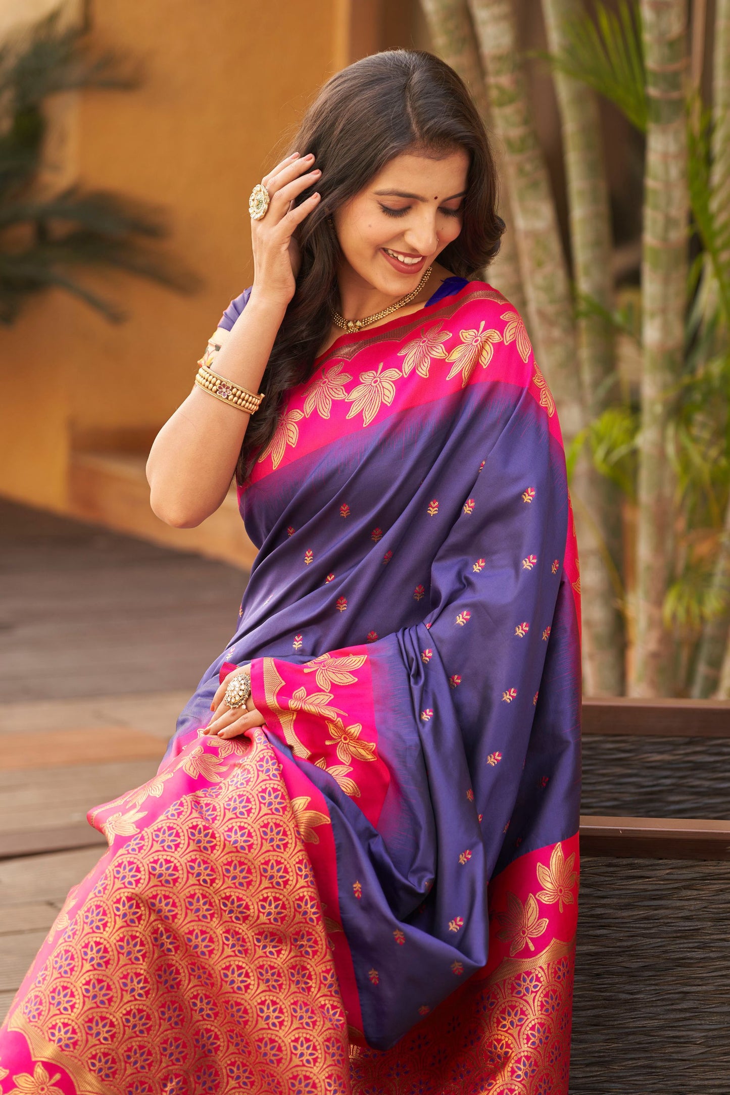 Royal Purple Silk Saree with Pink Contrast Border Floral Zari Work