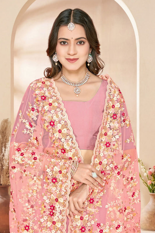 Designer Dusty Pink Net Floral Embroidered Saree Heavy Border Blouse