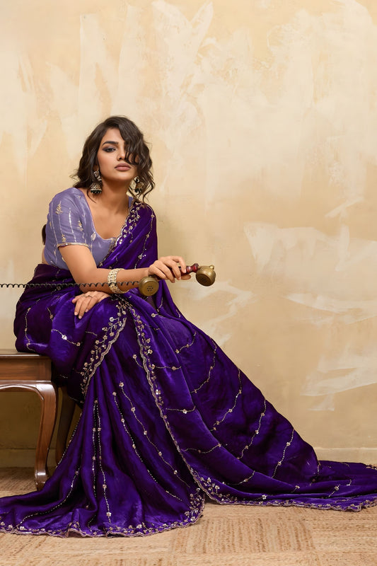 Royal Purple Silk Saree with Gold Zari Embroidery Designer Blouse