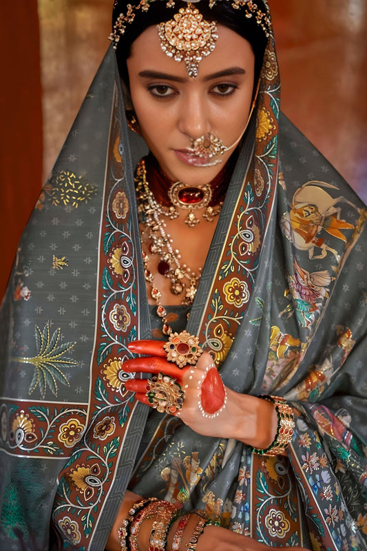 Grey Designer Silk Saree with Traditional Rajasthani Print Border