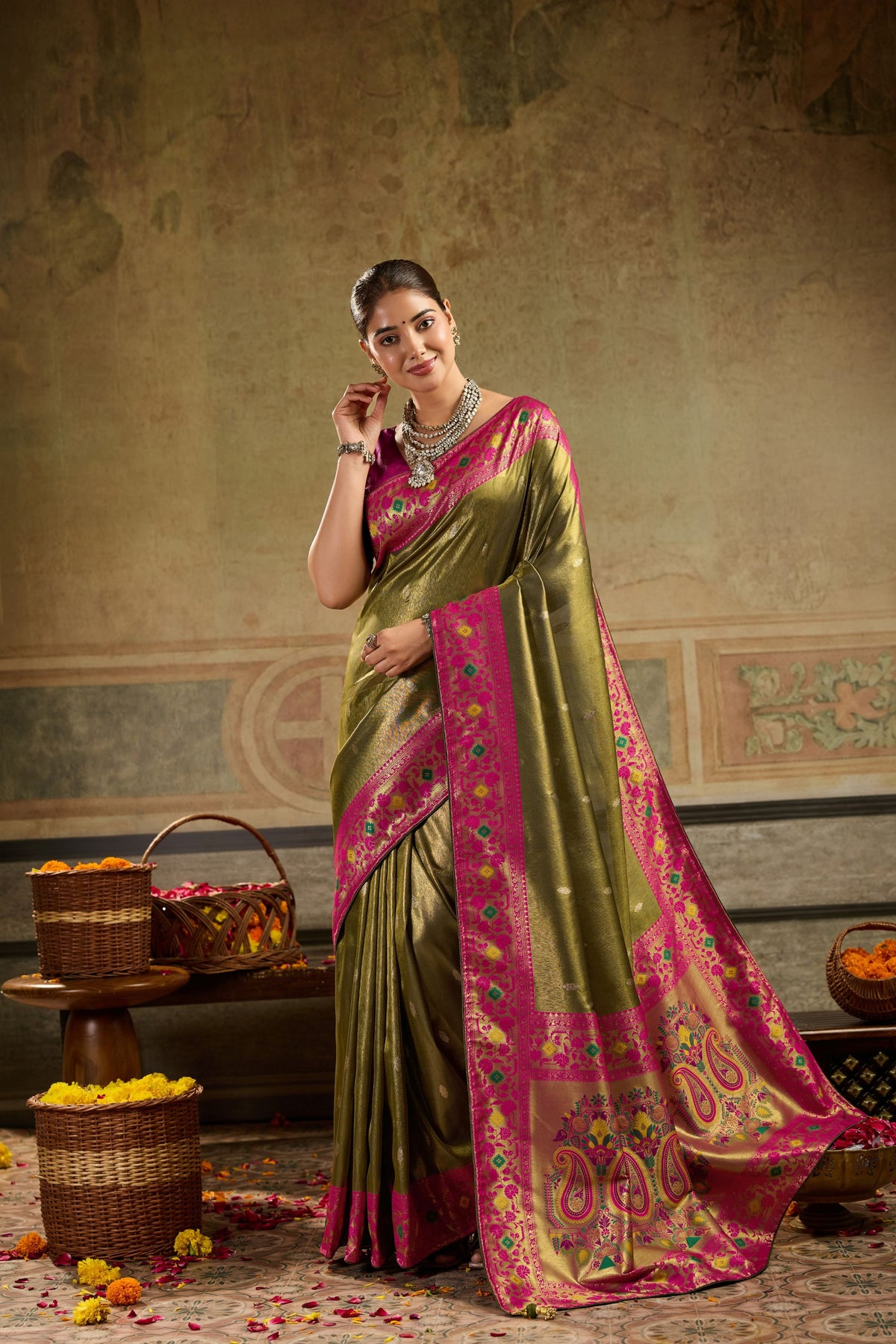 Regal Olive Green Tissue Paithani Silk Saree Zari Weaving Work for Women