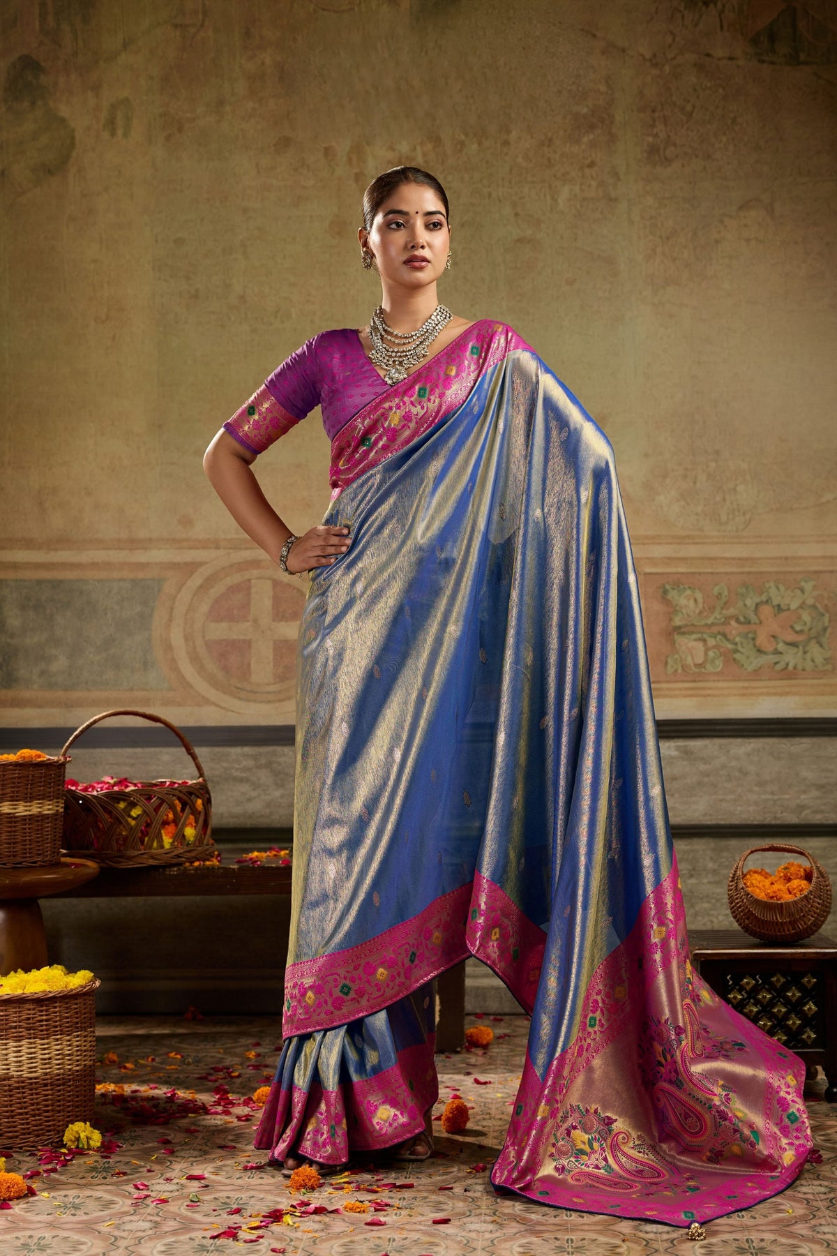 Royal Blue Tissue Paithani Silk Saree Zari Weaving for Women