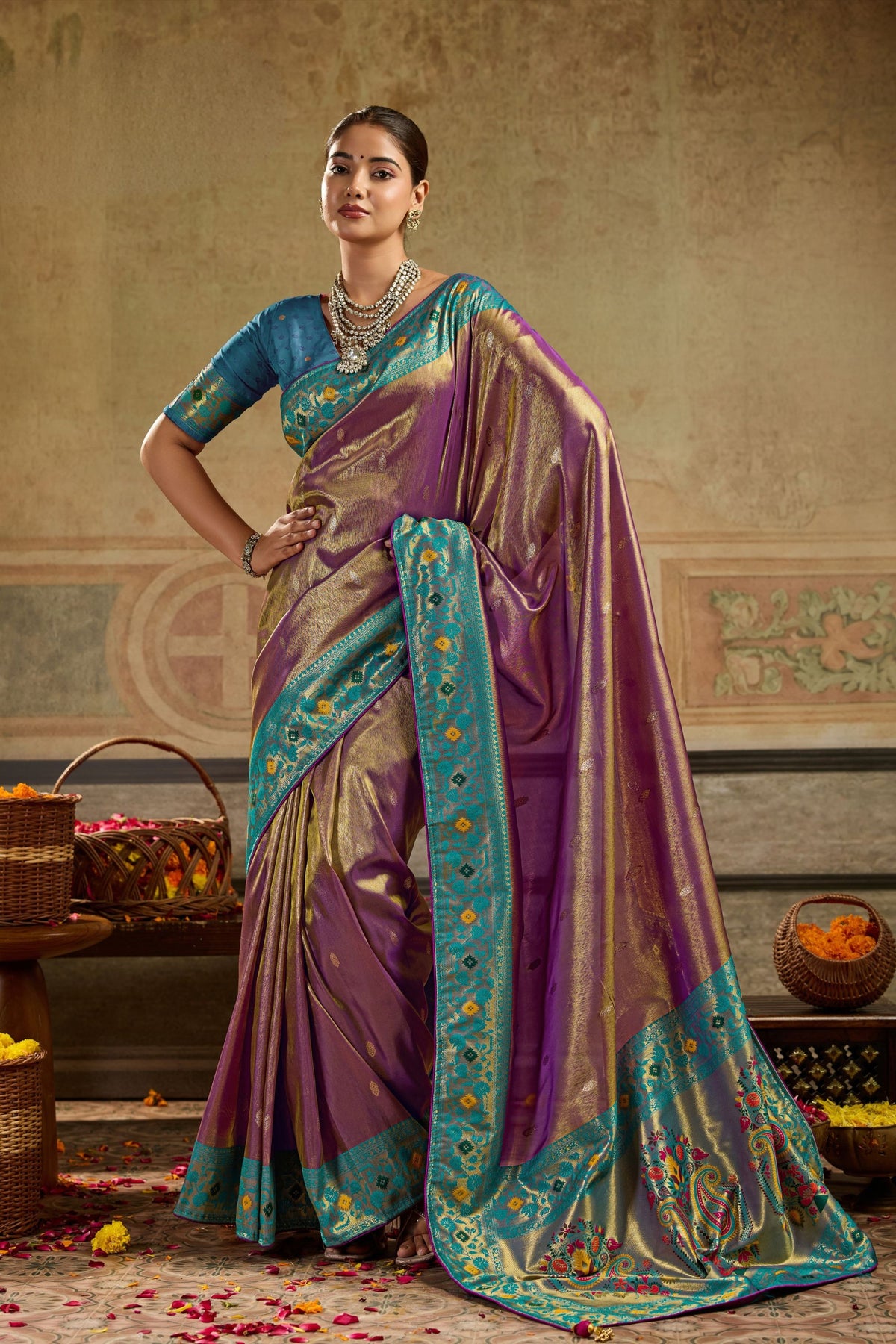 Majestic Purple Tissue Paithani Silk Saree Zari Weaving for Women