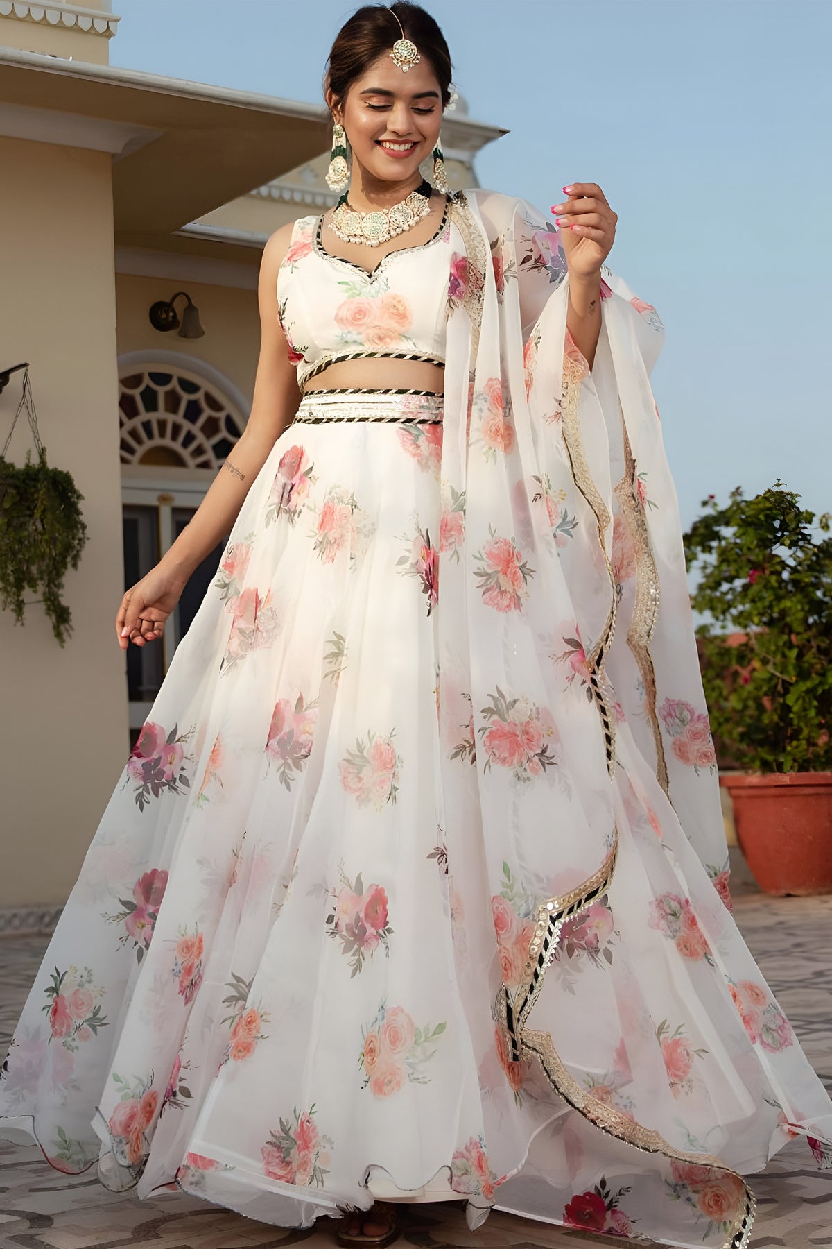 Exquisite White Floral Printed Organza Silk Designer Lehenga Choli with Dupatta