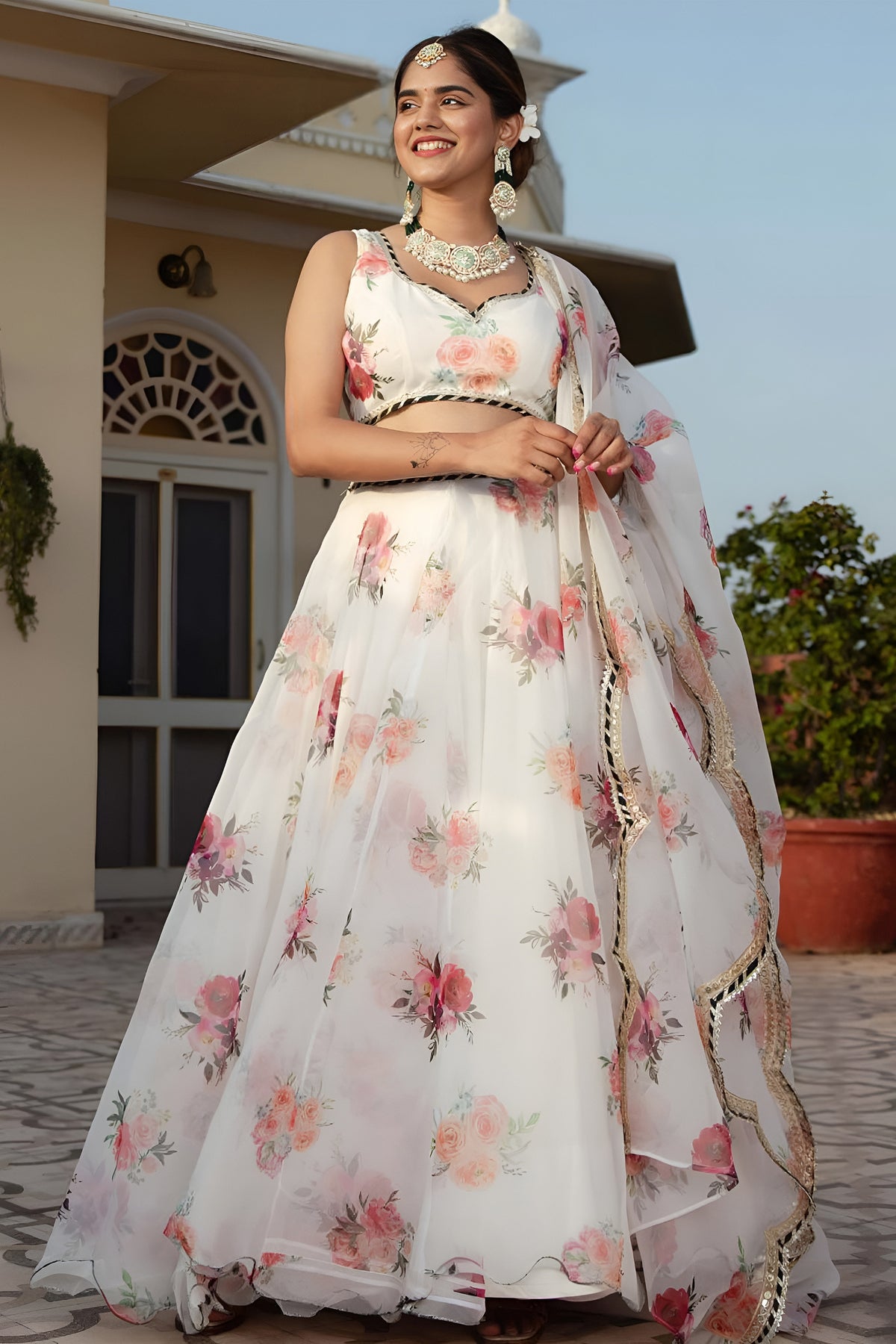 Exquisite White Floral Printed Organza Silk Designer Lehenga Choli with Dupatta