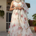 Exquisite White Floral Printed Organza Silk Designer Lehenga Choli with Dupatta