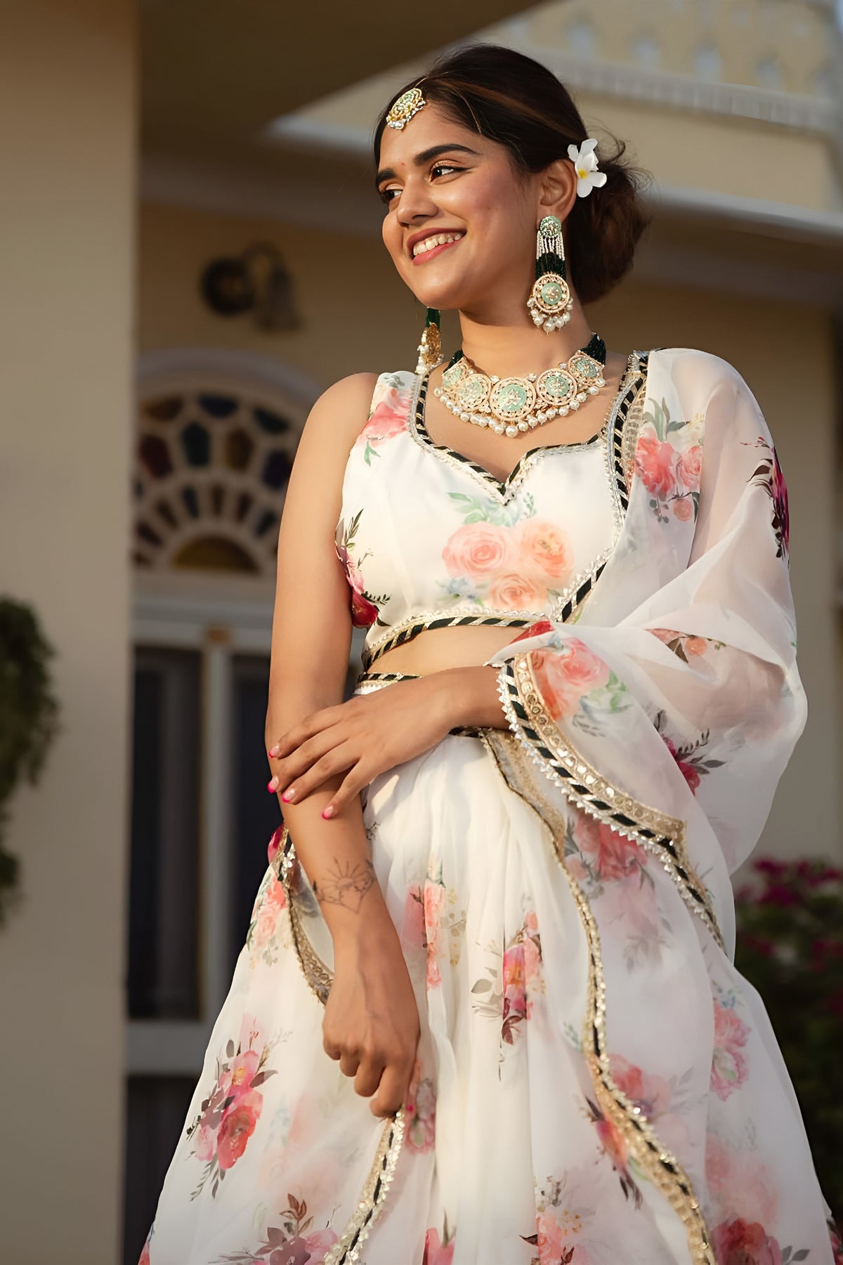 Exquisite White Floral Printed Organza Silk Designer Lehenga Choli with Dupatta