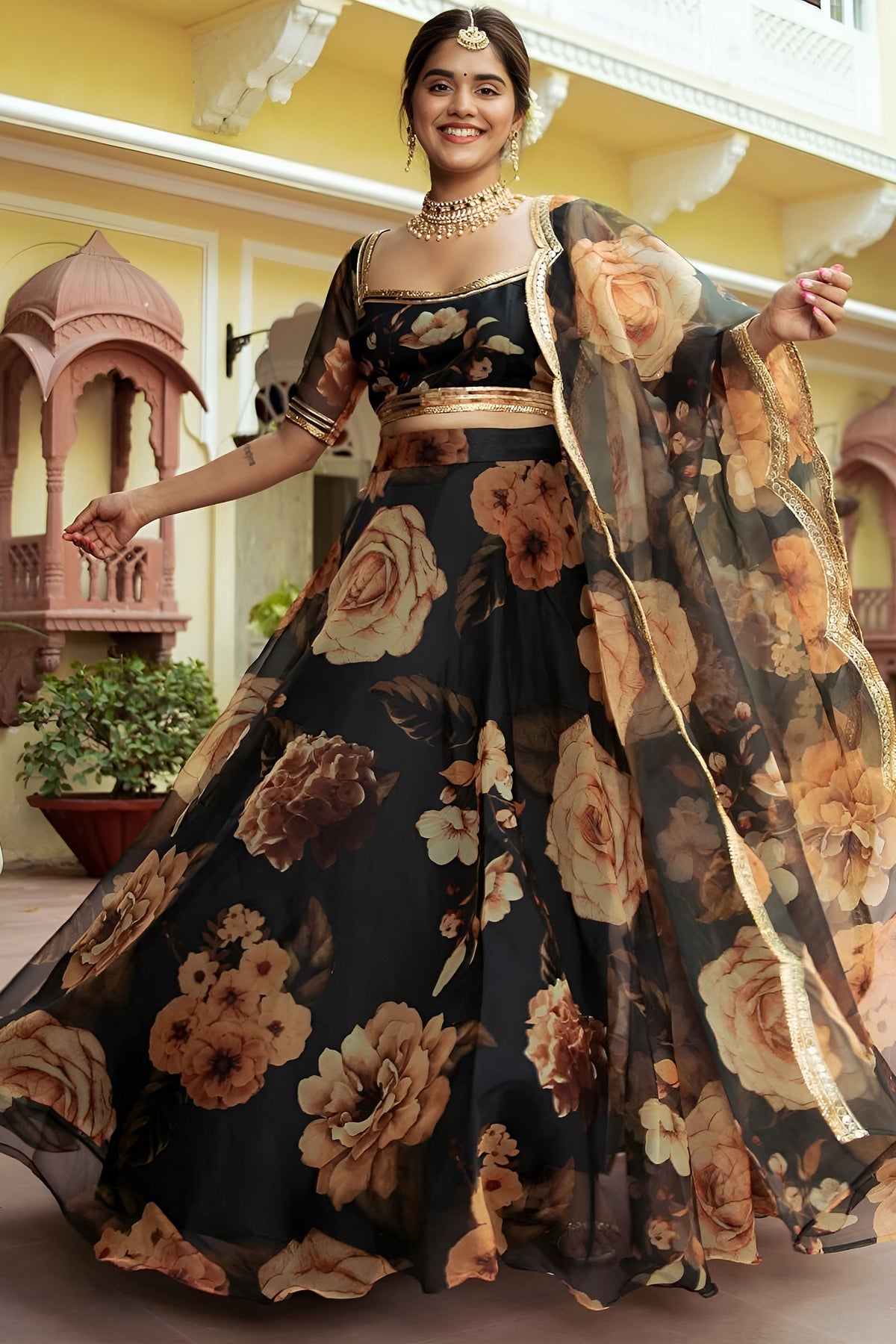 Enchanting Black Organza Floral Digital Printed Designer Lehenga Choli with Dupatta