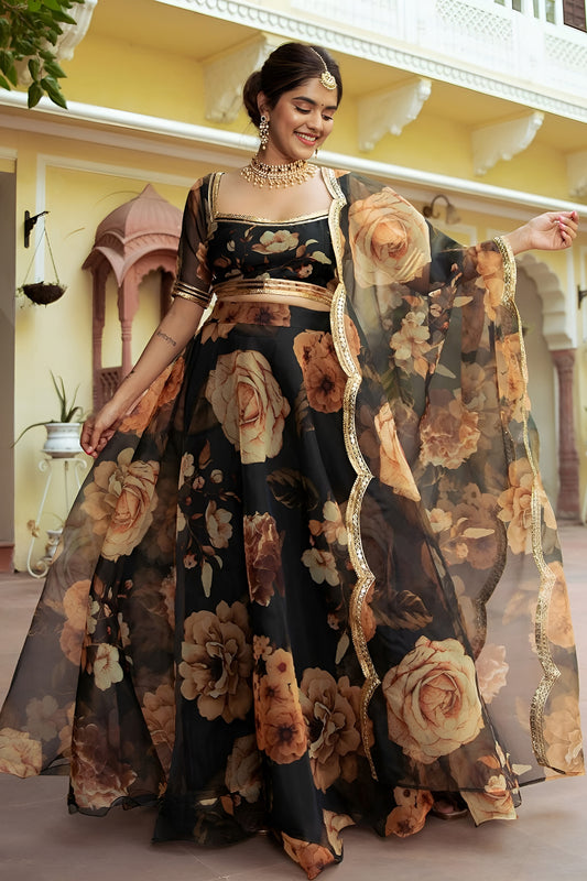 Enchanting Black Organza Floral Digital Printed Designer Lehenga Choli with Dupatta