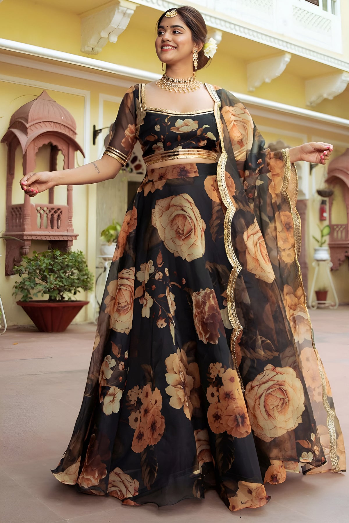 Enchanting Black Organza Floral Digital Printed Designer Lehenga Choli with Dupatta