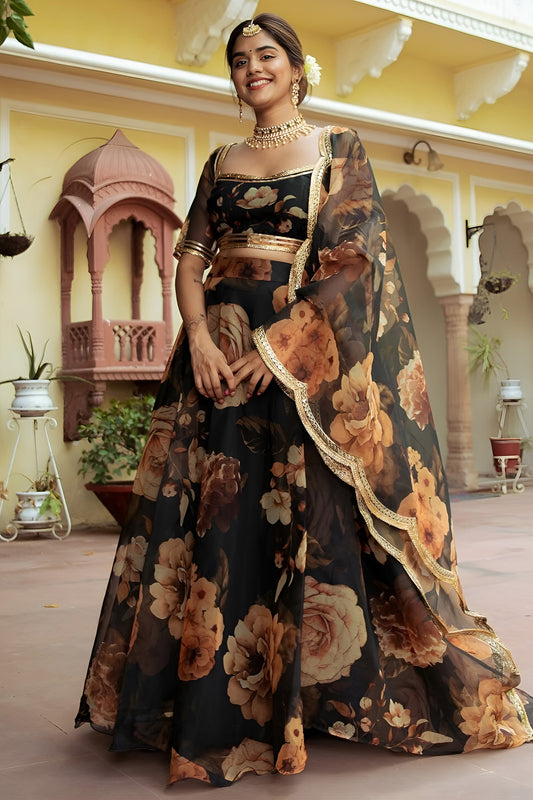Enchanting Black Organza Floral Digital Printed Designer Lehenga Choli with Dupatta
