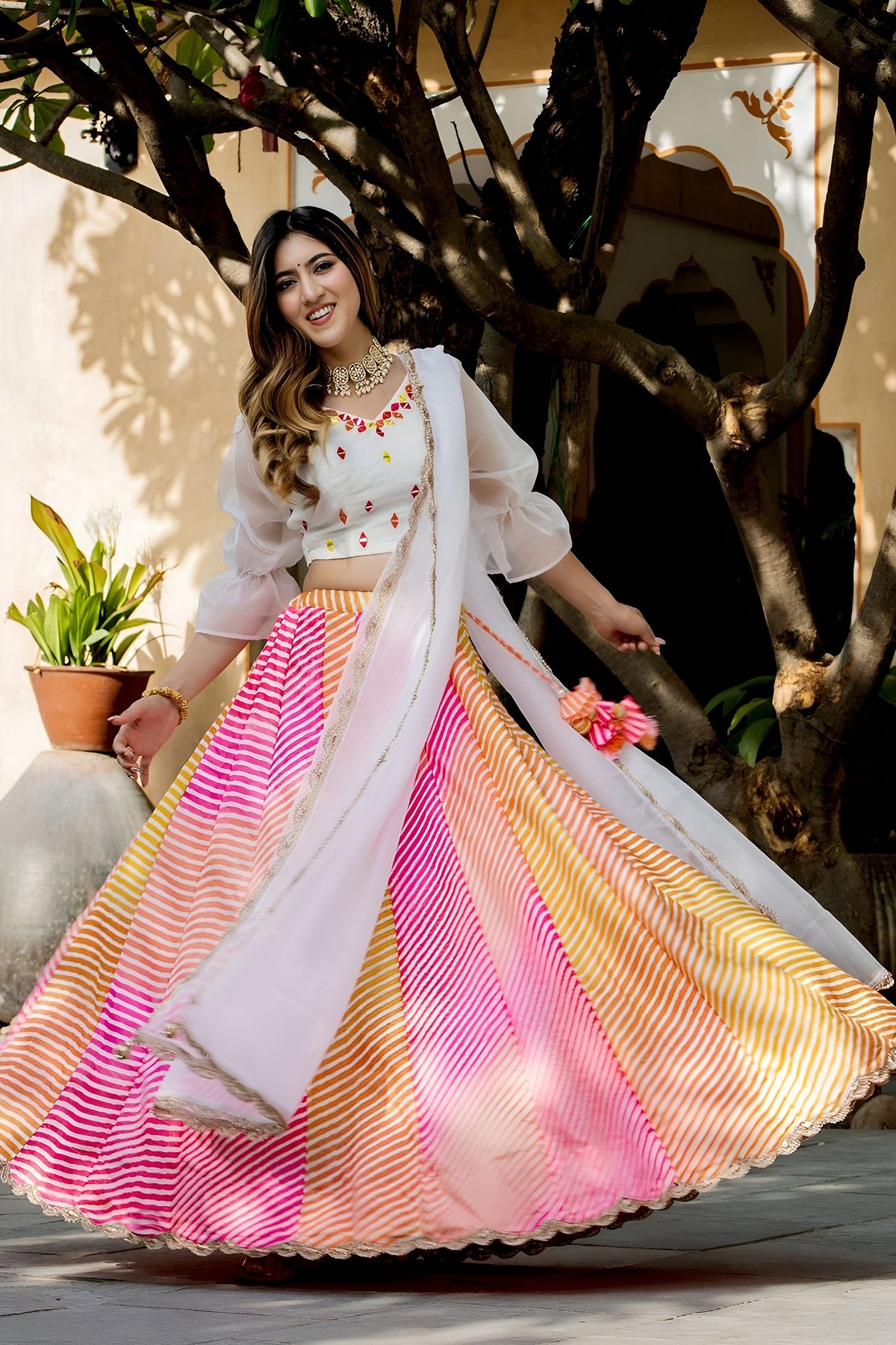 Radiant White Multicolor Organza Digital Printed Designer Lehenga Choli with Dupatta