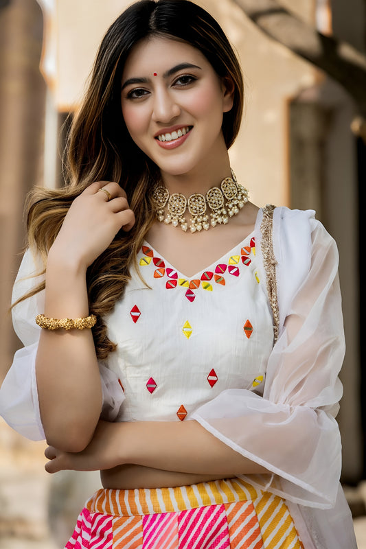 Radiant White Multicolor Organza Digital Printed Designer Lehenga Choli with Dupatta