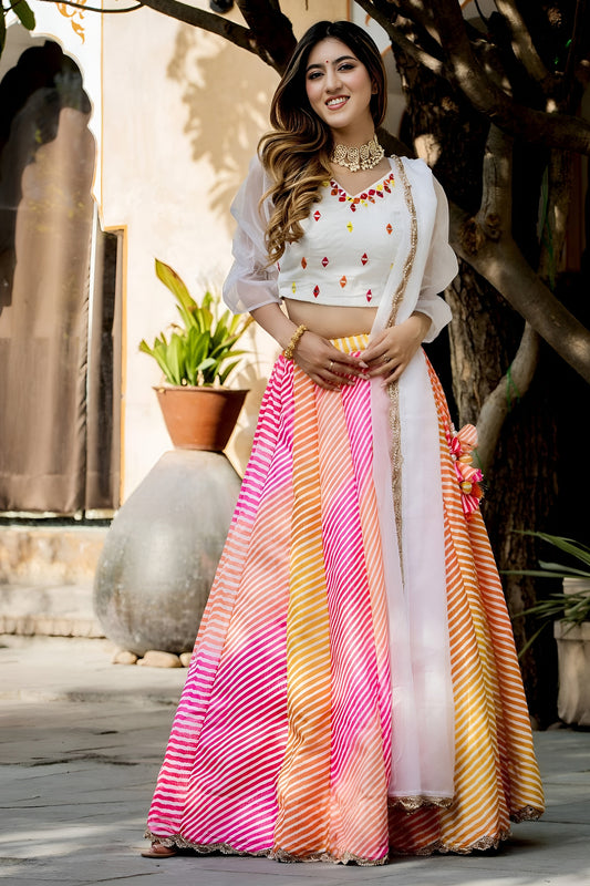 Radiant White Multicolor Organza Digital Printed Designer Lehenga Choli with Dupatta