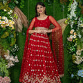Elegant Red Embroidered Georgette Lehenga Choli with Cape Sleeves for Wedding
