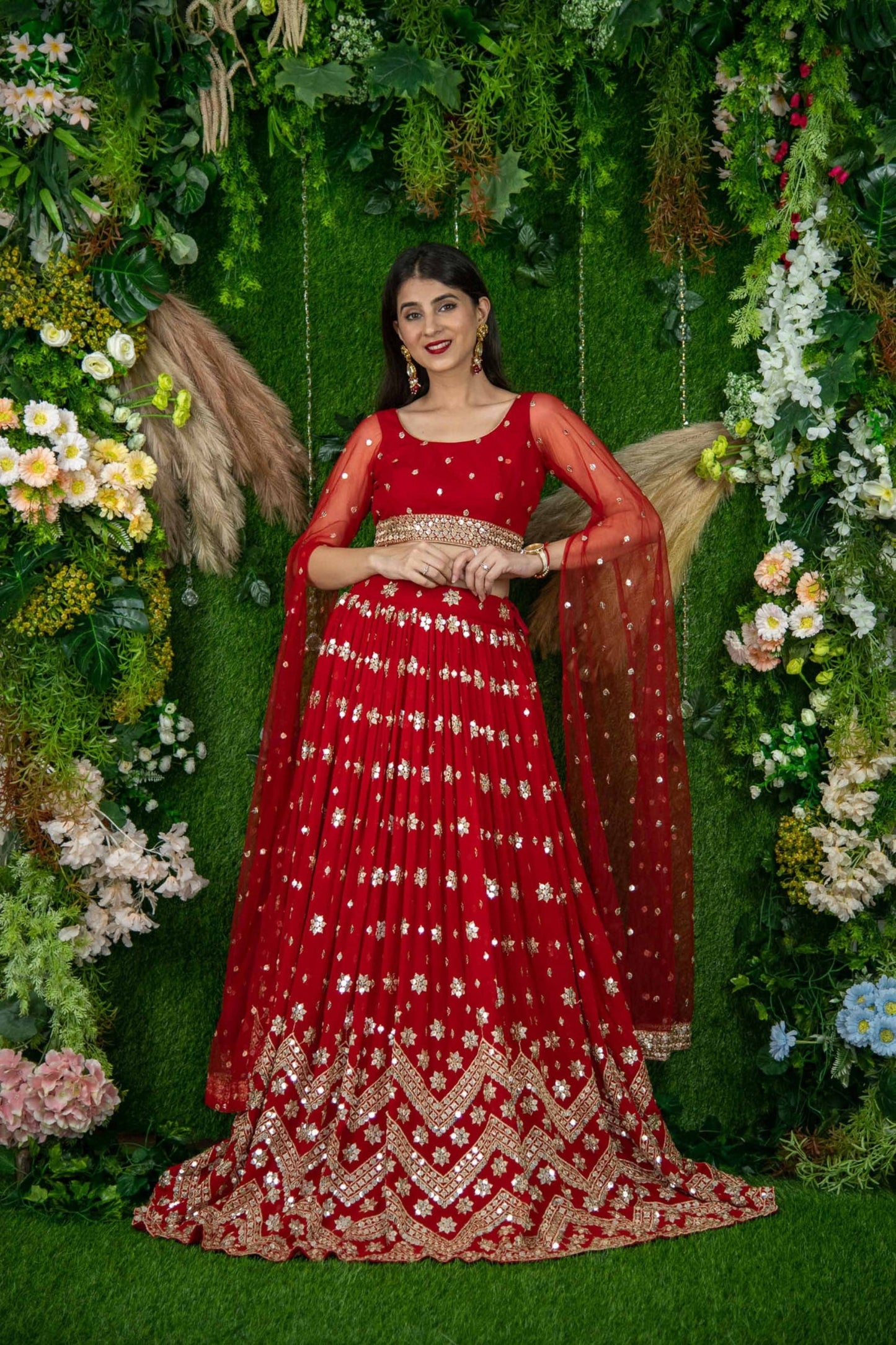 Elegant Red Embroidered Georgette Lehenga Choli with Cape Sleeves for Wedding