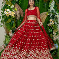Elegant Red Embroidered Georgette Lehenga Choli with Cape Sleeves for Wedding