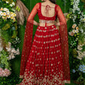 Elegant Red Embroidered Georgette Lehenga Choli with Cape Sleeves for Wedding