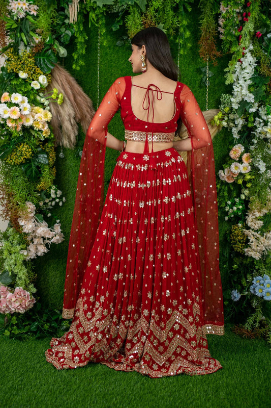 Elegant Red Embroidered Georgette Lehenga Choli with Cape Sleeves for Wedding