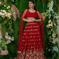 Elegant Red Embroidered Georgette Lehenga Choli with Cape Sleeves for Wedding