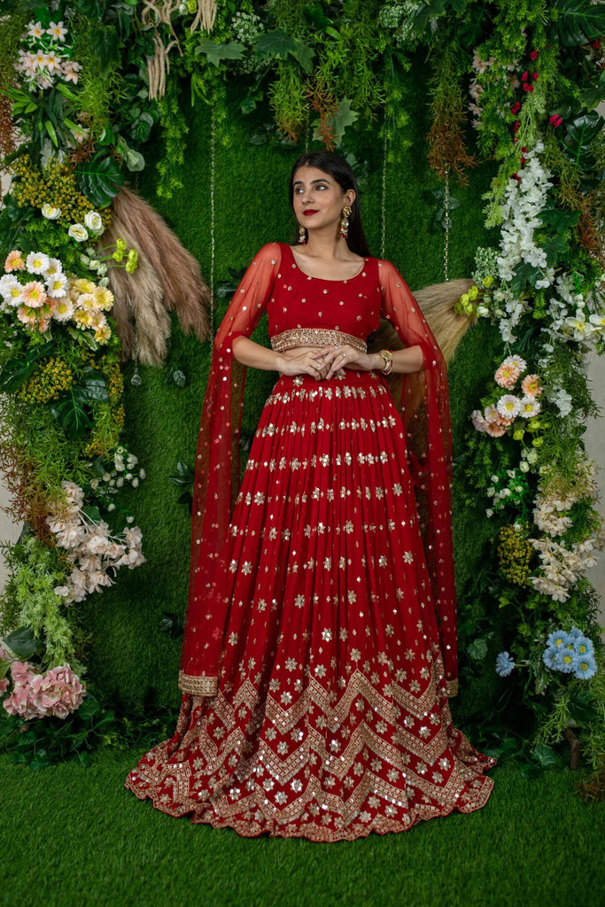 Elegant Red Embroidered Georgette Lehenga Choli with Cape Sleeves for Wedding