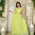 Fancy Lime Green Embellished Georgette Lehenga Choli with Puff Sleeves and Dupatta for Wedding