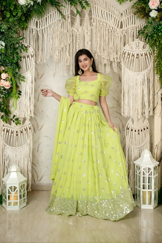 Fancy Lime Green Embellished Georgette Lehenga Choli with Puff Sleeves and Dupatta for Wedding