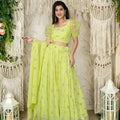 Fancy Lime Green Embellished Georgette Lehenga Choli with Puff Sleeves and Dupatta for Wedding