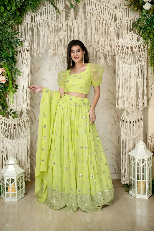 Fancy Lime Green Embellished Georgette Lehenga Choli with Puff Sleeves and Dupatta for Wedding