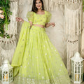 Fancy Lime Green Embellished Georgette Lehenga Choli with Puff Sleeves and Dupatta for Wedding